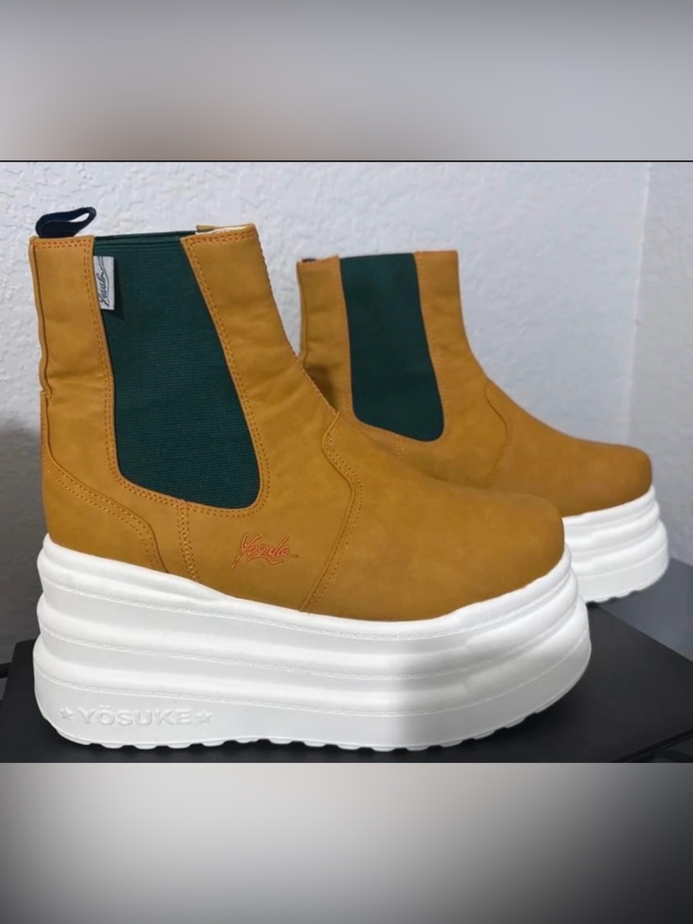 Yosuke Platform Chelsea Boots Mustard Green - Size 8.5